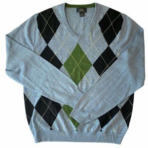 Brooks Brothers Mens Crewneck Merino Wool Blue Argyle Sweater Size Medium *flaw
